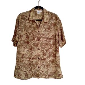 RAFAEL VINTAGE Semi Sheer Floral Print Button Down Side Slits Size 8 Brown Multi